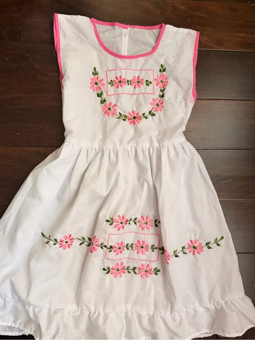 Taxco White Dress with Pink Floral Embroidery and Green Accents
